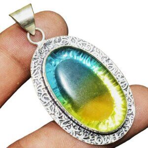 Ametrine Glass Gemstone Ethnic Pendant & Silver Box chain Necklace 2.25"